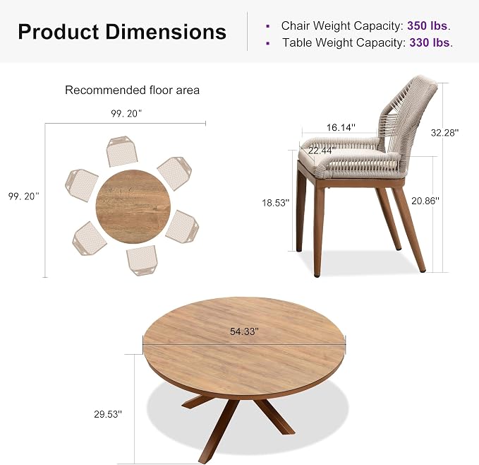 PURPLE LEAF 7 Pieces Round Dining Set Patio Aluminum Modern Round Table and - Image 9