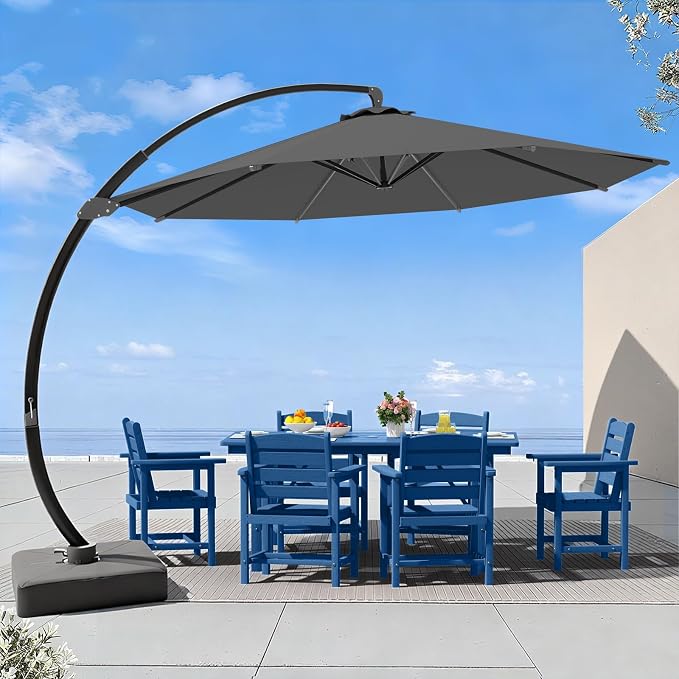 7 Piece Patio Dining Set with 11ft Patio Umbrella, 7 Navy Outdoor HDPE Dining by Unknown