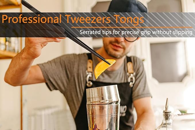 Tweezer Tongs 6-Piece Set, Stainless Steel, 12-Inch and 6.3-Inch, Black