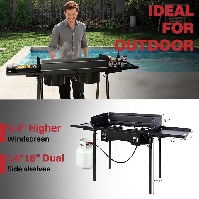 2 Burner Propane Camp Stove | 150, 000 BTU Gas Burners | Side Shelves | - Image 7