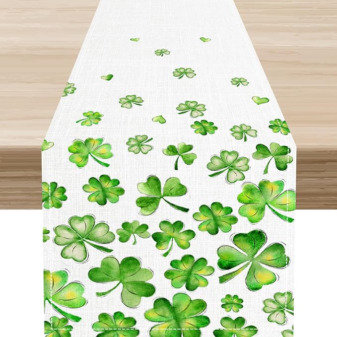 St.Patrick's Day Table Runner, Rustic Green Clover Seasonal Leaves White Green by Unknown
