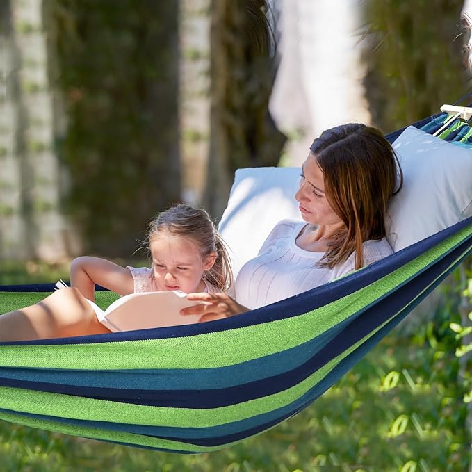 Hammock with Pole, Cotton Camping Hammock in Blue Green Stripes
