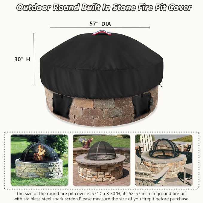 Outdoor Round Built in Stone Fire Pit Cover, Heavy Duty 600D Waterproof Cover - Image 2