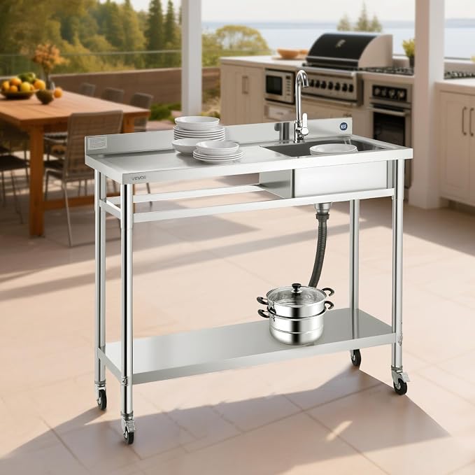 VEVOR Stainless Steel Utility Sink, Rolling Single Bowl Commercial Kitchen Sink - Image 8