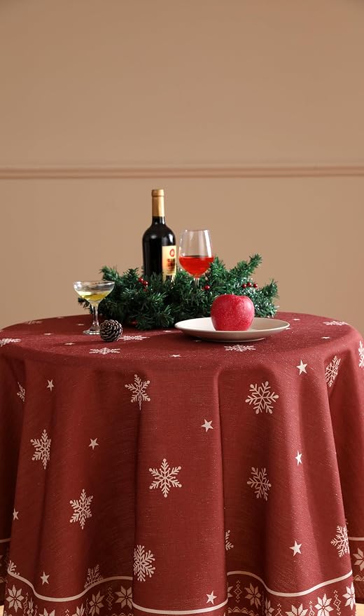 ISAENNE Designer Christmas Red Small Round Tablecloth, Linen Table Cloth - Image 8