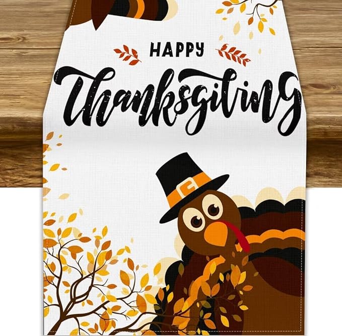 Thanksgiving Turkey Table Runner, Cartoon Turkey Autumn Branch Yellow Leaves by JanJCurt