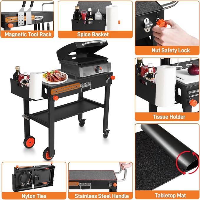Rolling Grill Cart with Spice Rack, Grill Stand with Storage Shelf, Griddle - Image 3