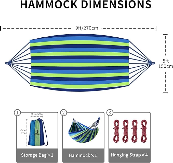 Hammock, Green 100% Cotton, 600 lb Capacity, 106 x 59 Inches