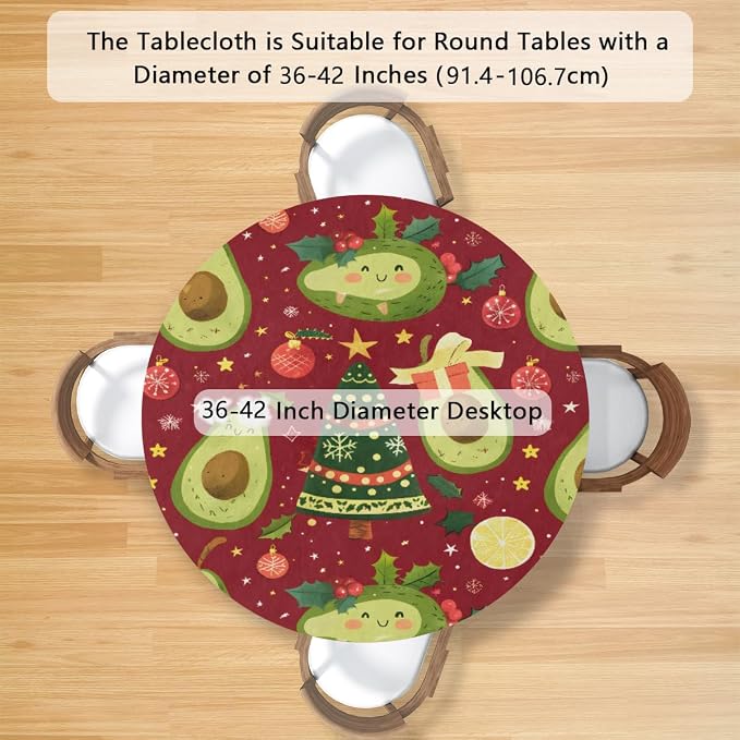 Christmas Tree Avocado Green Round Table Cloth Cover, Elastic Edge Waterproof - Image 2
