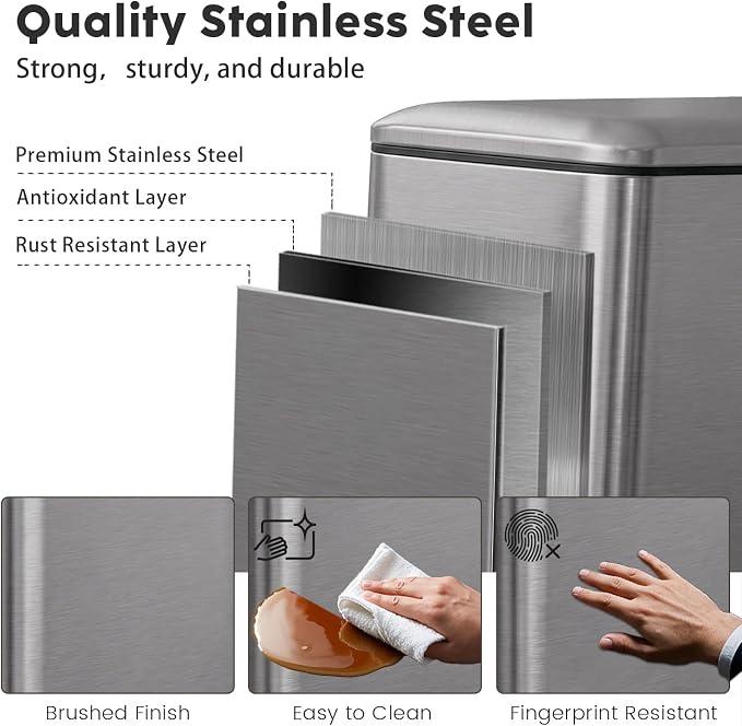 12 Gallon Slim Trash Can Kitchen, Stainless Steel Trash Can - Image 3