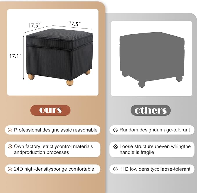Adeco 17 Inch High Striped Flannel Black Cube Ottoman Storage, 3D Embossed - Image 2