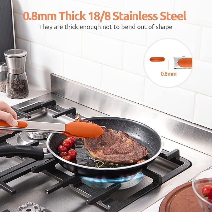 Tongs with Silicone Tips, 18/8 Stainless Steel Handles and Lock, Orange