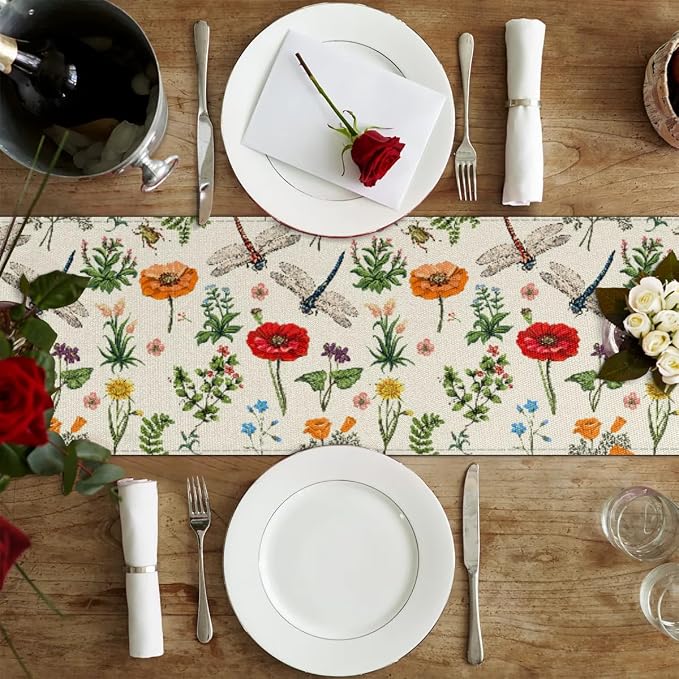 Flowers Dragonflies Table Runner Kitchen Dining Table Runner 13*60in Table - Image 4