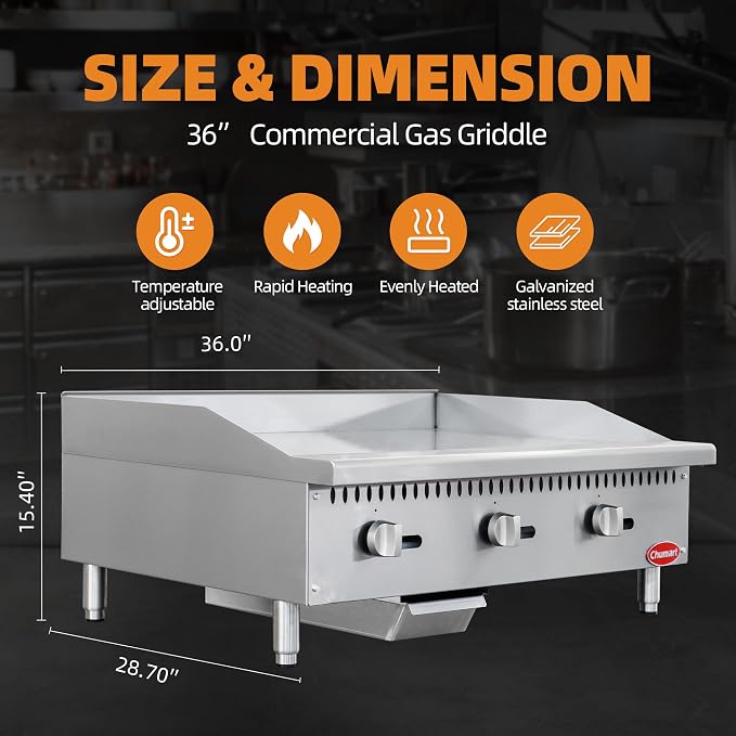 36" Commercial Countertop Griddle, 3 Burners Gas Griddle, 90000 BTU Output - Image 3