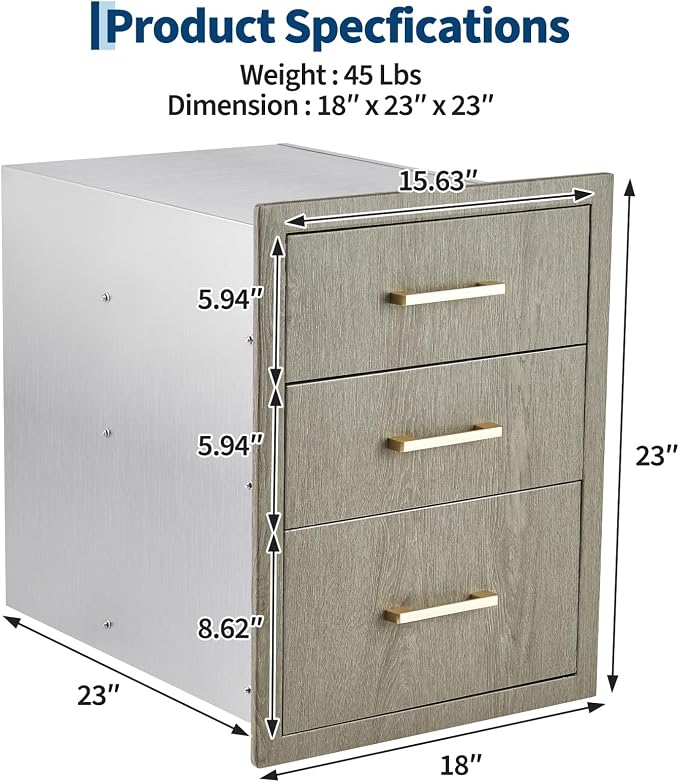 Stainless Steel Outdoor Kitchen Triple Drawers 18" W x 23" D x 23" H - Image 3