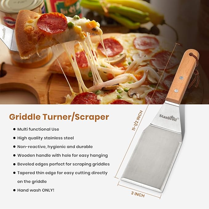 Barbecue Tool Set, 3-Piece Stainless Steel Griddle Spatulas, Wood Handles