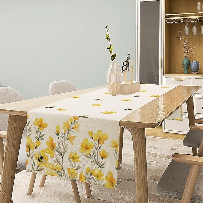 Yellow Wild Flowers Table Runner, Rustic Farmhouse Watercolor Daisy Floral - Image 2