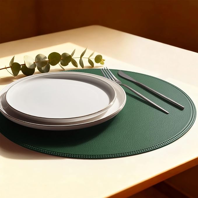 Round Vinyl Green Placemats Set of 6, Faux Leather Waterproof Wipeable Heat by Rinpon