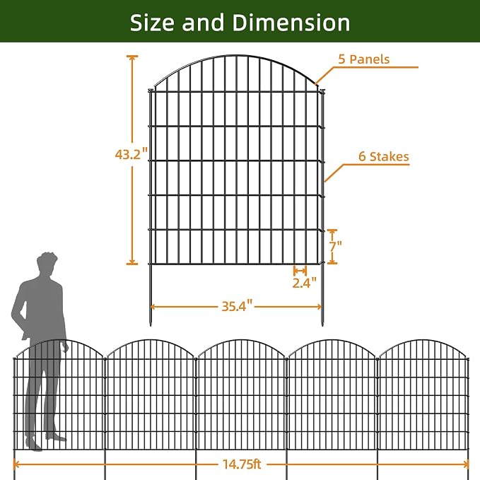 Decorative Metal Garden Fence Outdoor CTW3643, 43.2in H x 14.75 ft L, No Dig - Image 4