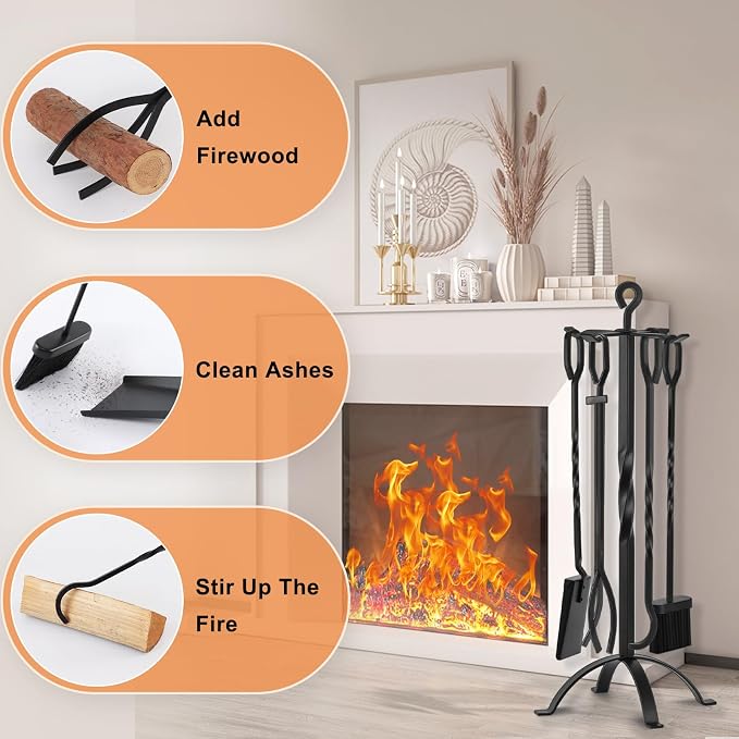 Gtongoko Fireplace Tools Set 5 Pieces 32 Inch Modern Black Wrought Iron Large - Image 5