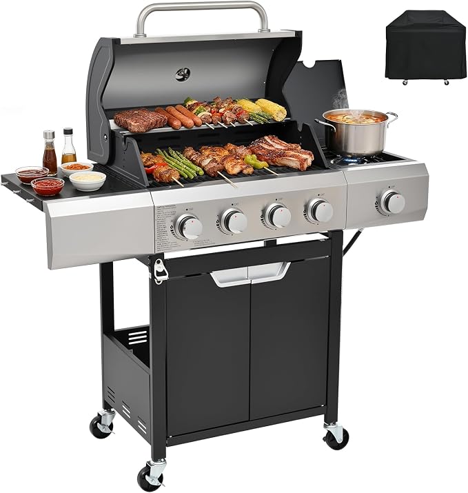 4-Burner Gas Grill with Side Burner & Cover, 51000 BTU Stainless Steel Outdoor by EUHOME