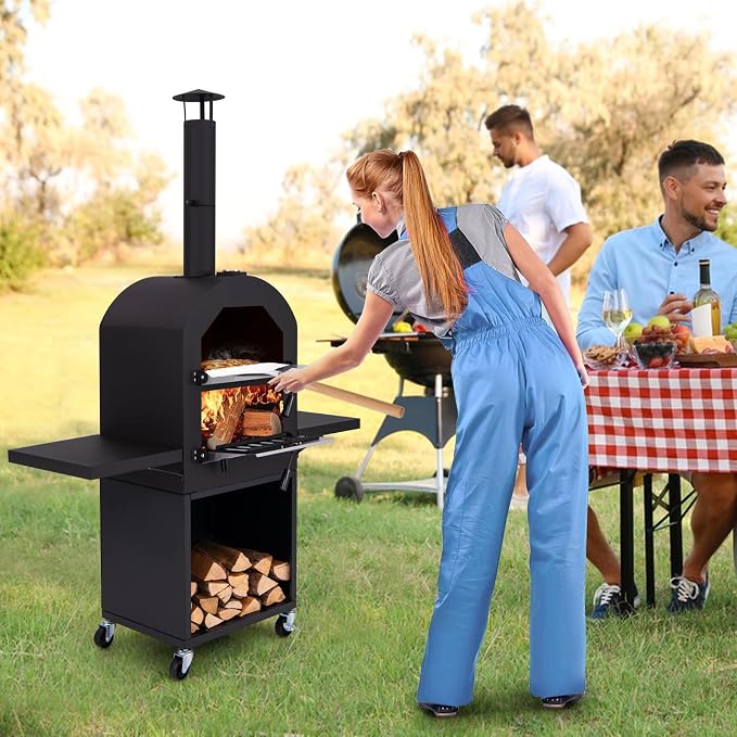 HAPPYGRILL Outdoor Wood Fired Pizza Oven w/Firewood Storage, Side Shelves - Image 2