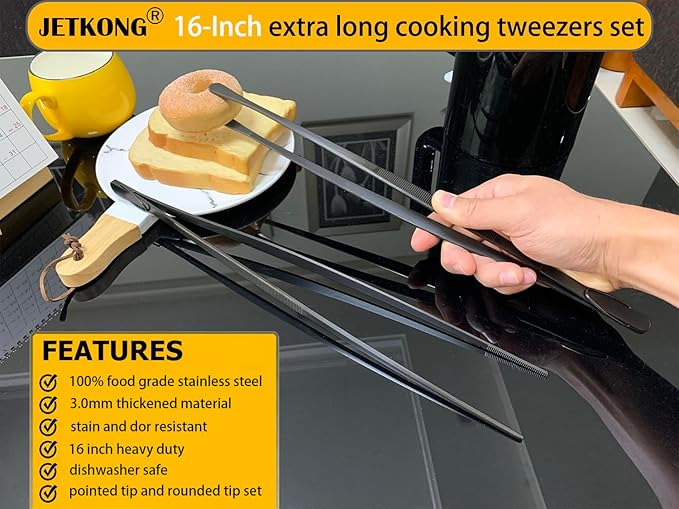 Tongs Set of 2, 16-Inch Black Stainless Steel Grilling Tweezers