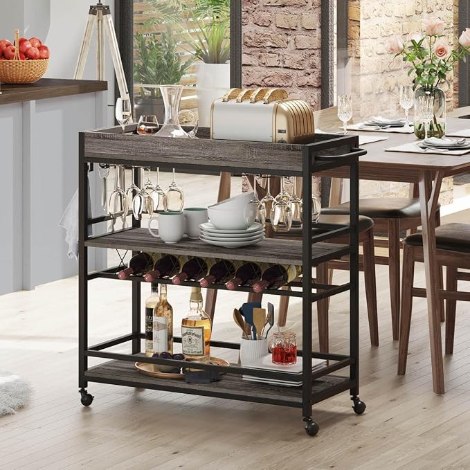 BON AUGURE Bar Cart, Home Bar Serving Cart on Wheels, Mobile 3 Tier Liquor - Image 9