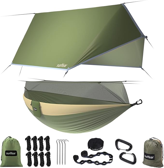 Camping Hammock with Rain Fly and Net, Green Nylon Oxford