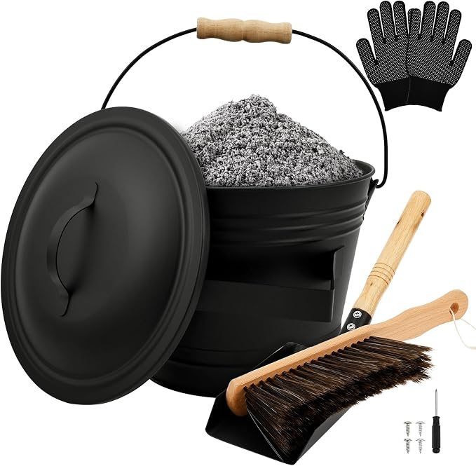 1.5 Gallon Ash Bucket with Lid and Shovel Broom Metal, Fireplace Ash Bucket - Image 8