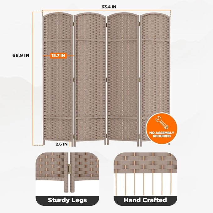 Room Divider 4 Panel Screen 5.6 Ft Tall Partition Room Dividers Beige Privacy - Image 2