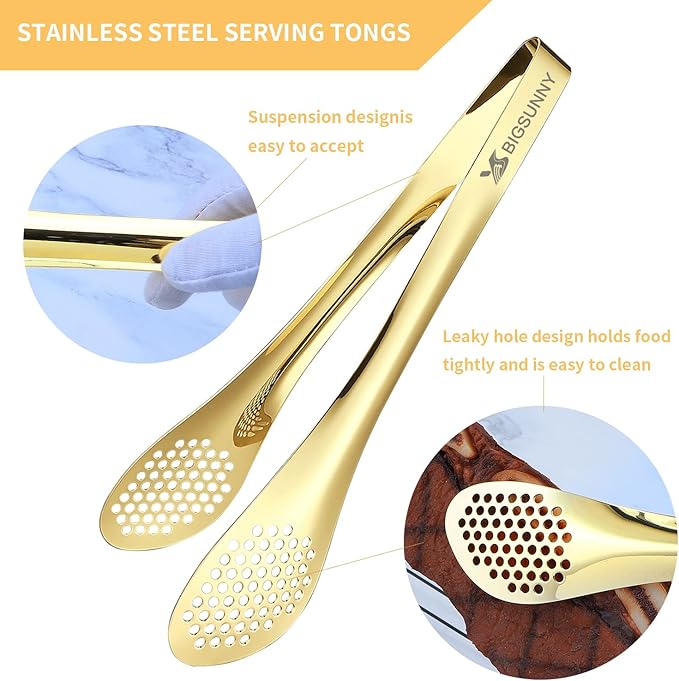 Tongs Set in Gold Stainless Steel, 7, 9 and 11 Inch Sizes
