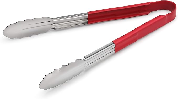 Tongs in Polished Stainless Steel with Red Vinyl Handles, 12 Inch