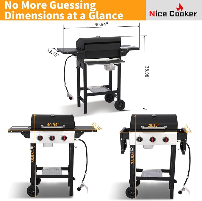 3-Burner 28650 BTU Propane Gas Grill, 252 Sq. In. Cast Iron Grates, Portable - Image 3