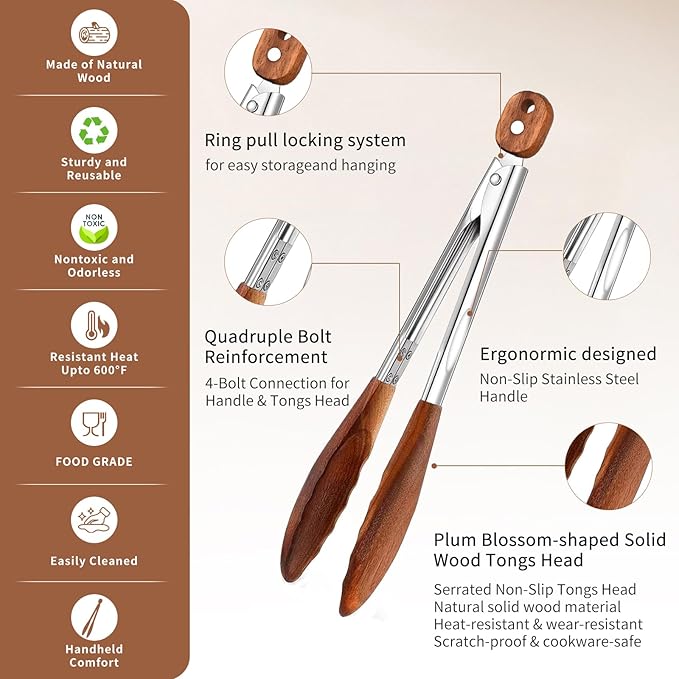 Walnut Wood Cooking Tongs Set of 3 with Pull-Ring Lock, 7, 9 and 12 Inch