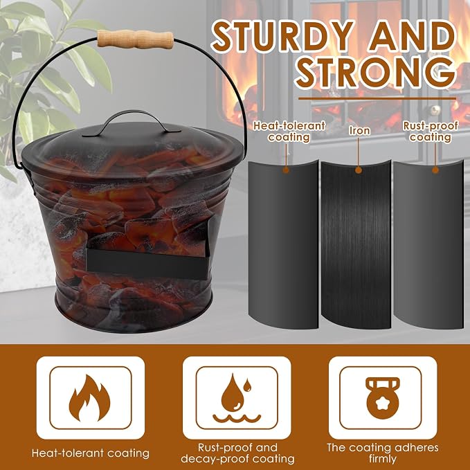 1.5 Gallon Ash Bucket with Lid and Shovel Broom Metal, Fireplace Ash Bucket - Image 7