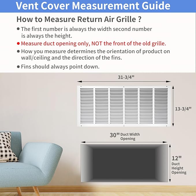 30"W x 12"H Steel Return Air Grille, Air Return Vent Cover - Image 5