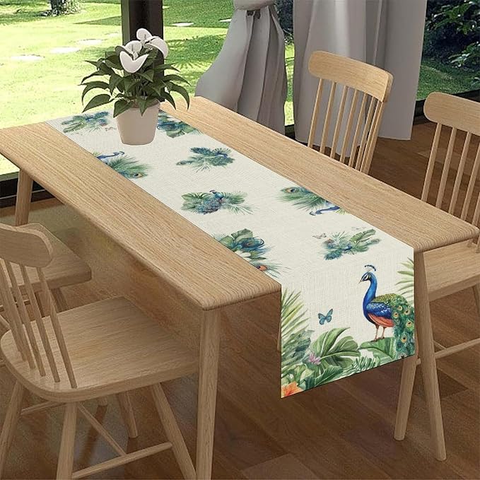 Peacock Table Runner, Traditional Chinese Style Peacock Feather Bird Floral - Image 3