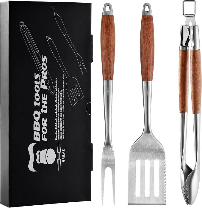 Heavy-Duty Rose Wooden BBQ Grilling Tools Set. Extra Thick Stainless Steel by Grilaz