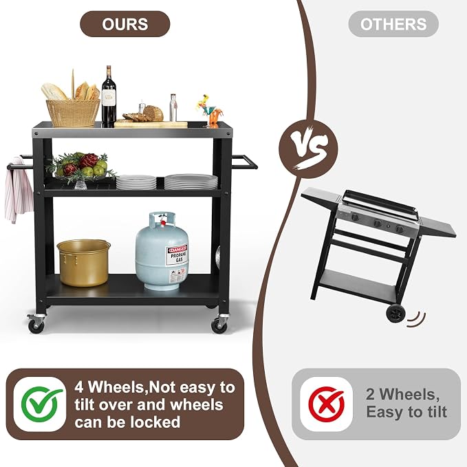 Outdoor Grill Cart with Three-Shelf, Stainless Steel Pizza Oven Table - Image 5