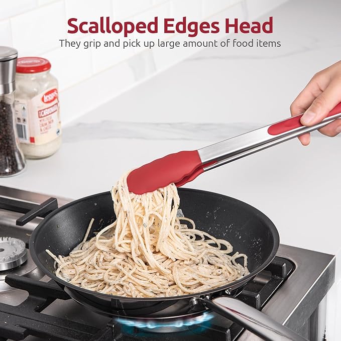 Tongs with Silicone Tips, Locking Stainless Steel, Red