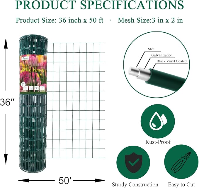Green PVC Coated Welded Wire Fence 36 Inch x 50 Foot, 2 Inch x 3 Inch 16GA - Image 3