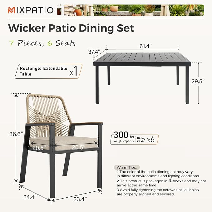 7 Pieces Outdoor Dining Set for 6, Patio Dining Set Wicker Rattan Chairs - Image 6