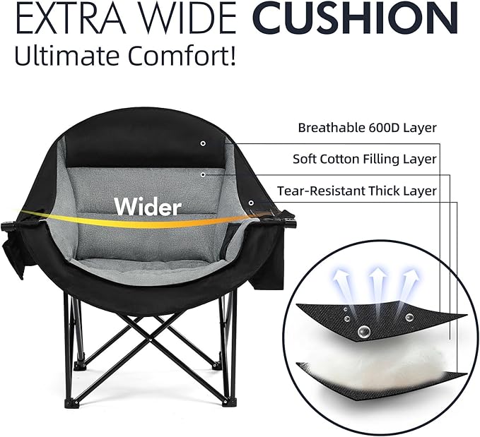 Camping Chair with Steel Frame, Cup Holder and Cooler Bag in Black