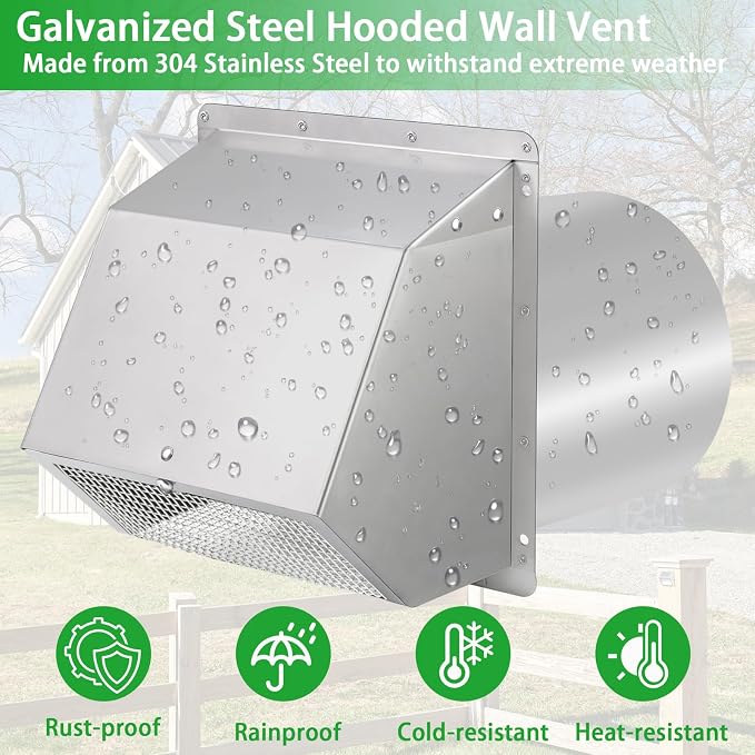 12 Inch Hooded Wall Vent with Screen and Damper, Outdoor Wall Exhaust Vent - Image 6