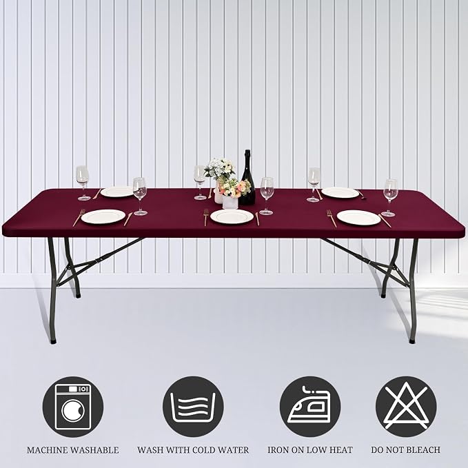 10 Pack Fitted Tablecloth for 6 Foot Rectangle Tables, Wine Red Elastic Outdoor - Image 5
