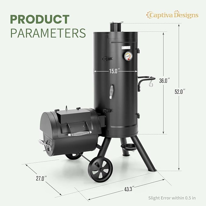 Captiva Designs Charcoal Vertical Smoker Grill and Offset Smoker Grill Combo - Image 6