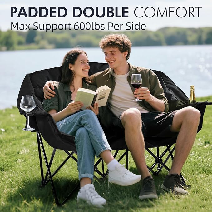 Camping Loveseat Chair for Two, Padded Black Folding Chair