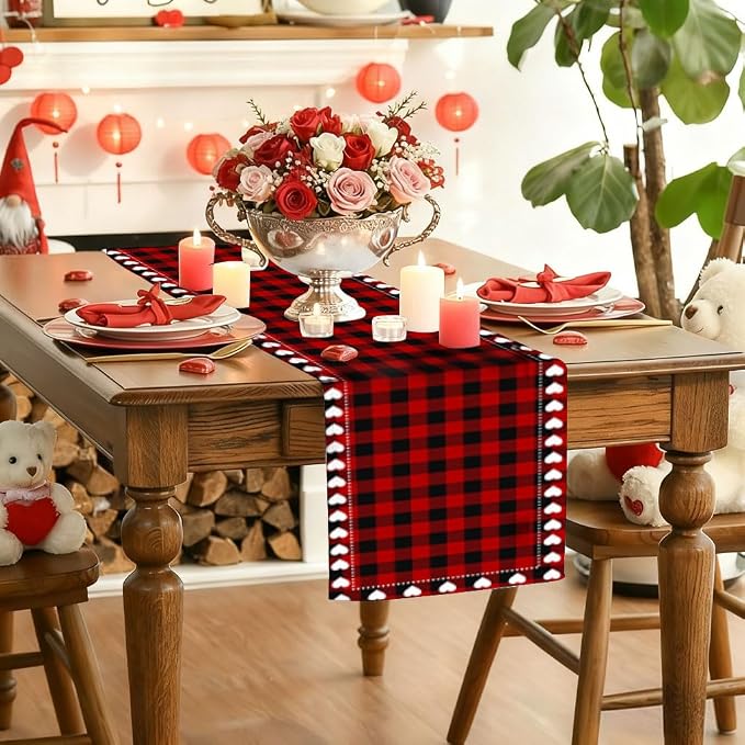 Valentine’s Day Love Heart Red Black Buffalo Plaid Table Runner 13x90 Inch - Image 5