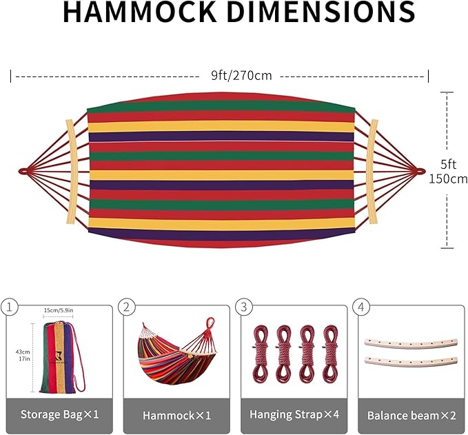 Hammock in Red, 106 x 59 Inch, with Tree Straps and Wooden Rods